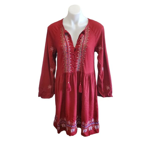 Knox Rose Womens Bohemian Embroidered Mini Dress Maroon Long Sleeve Small - Picture 3 of 12